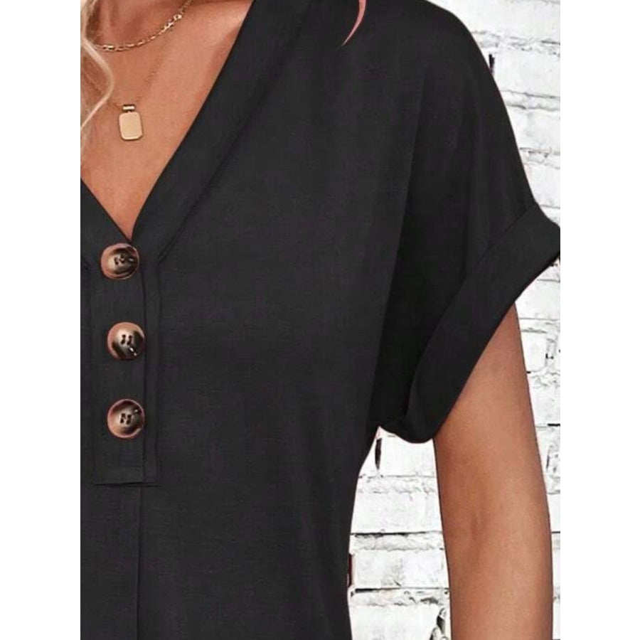 Quarter Button V-Neck Short Sleeve Dress Apparel and Accessories