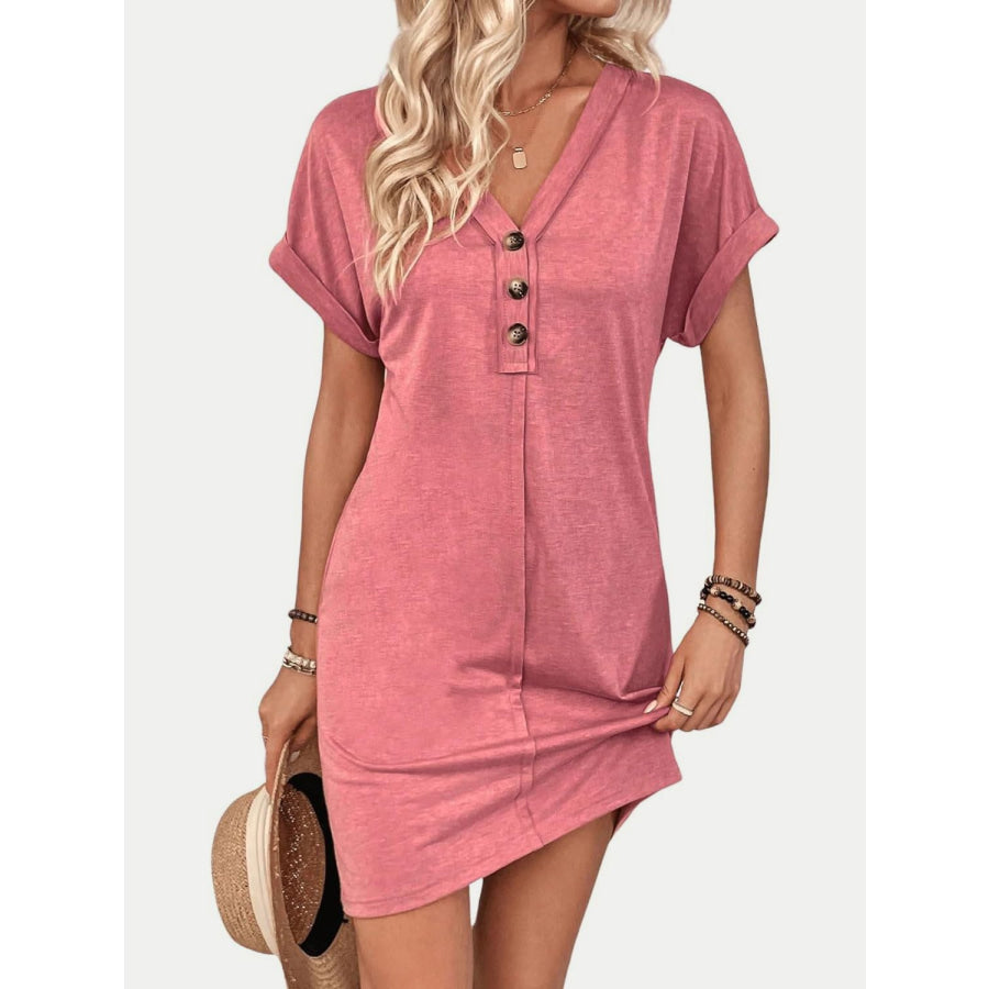 Quarter Button V-Neck Short Sleeve Dress Apparel and Accessories