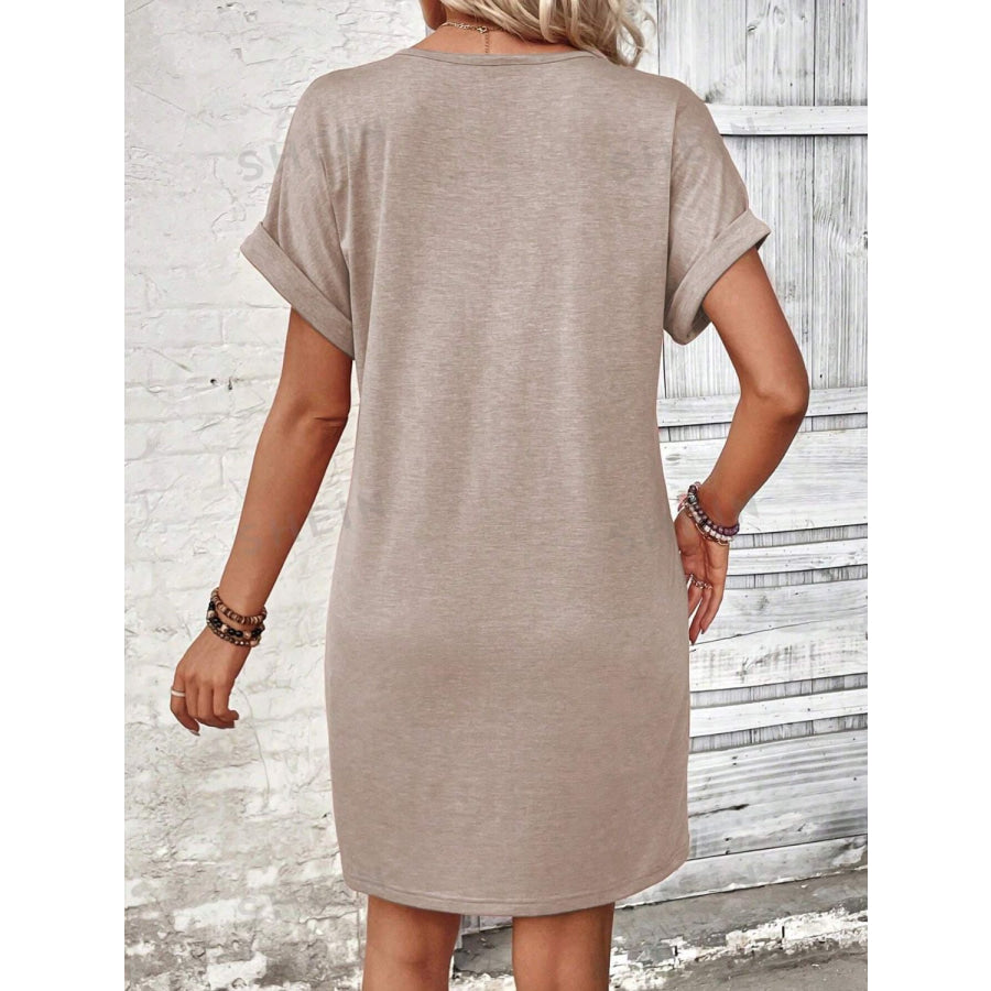 Quarter Button V-Neck Short Sleeve Dress Apparel and Accessories