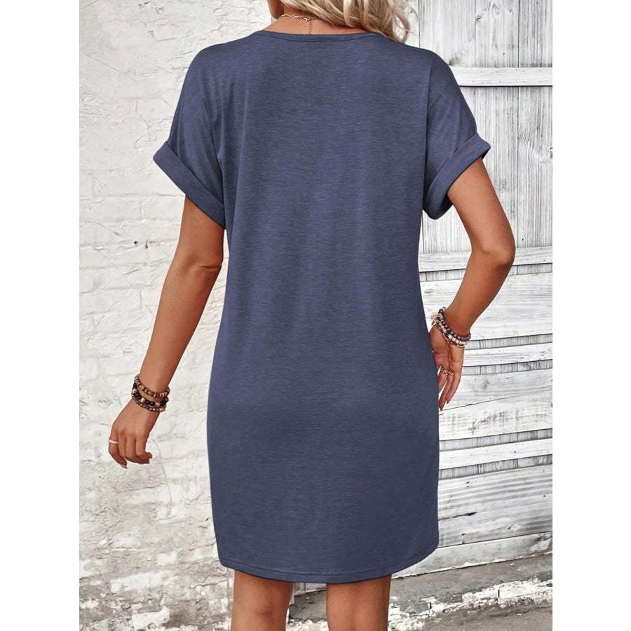 Quarter Button V-Neck Short Sleeve Dress Apparel and Accessories