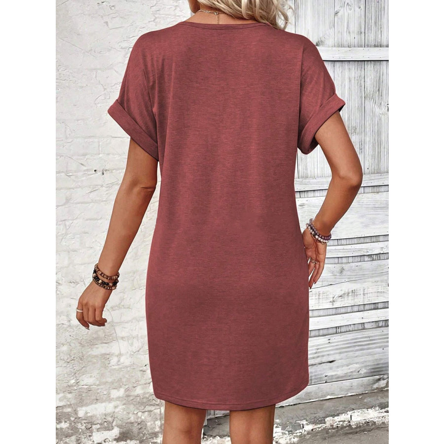 Quarter Button V-Neck Short Sleeve Dress Apparel and Accessories