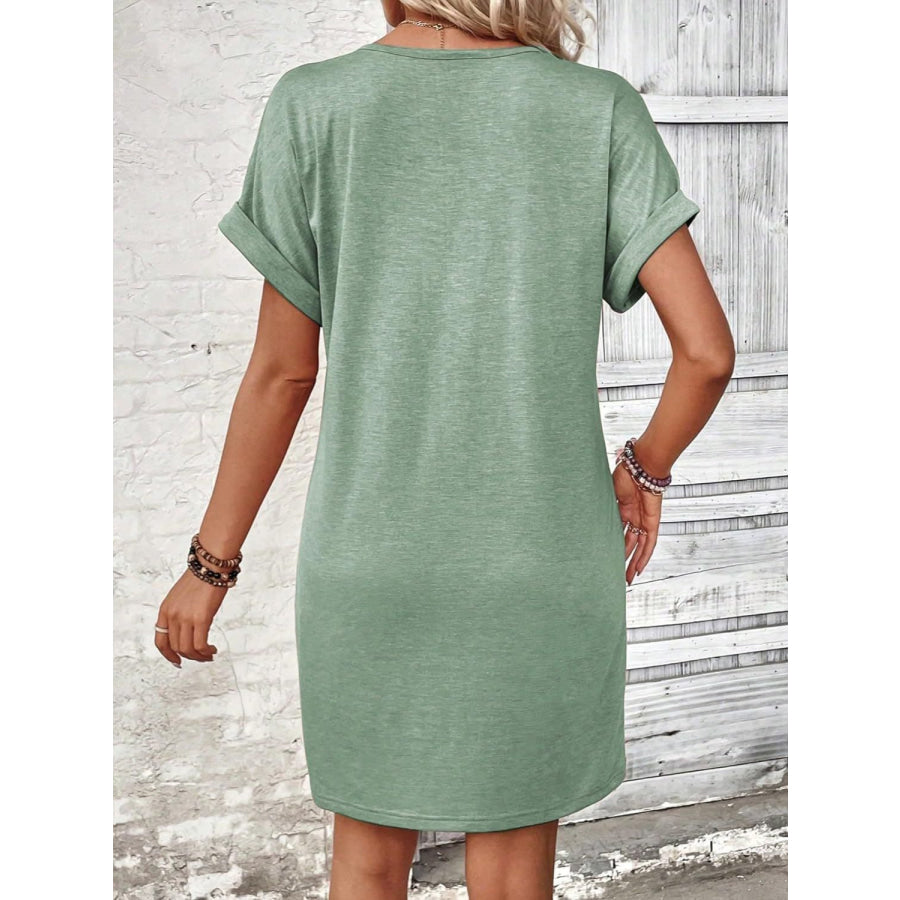 Quarter Button V-Neck Short Sleeve Dress Apparel and Accessories