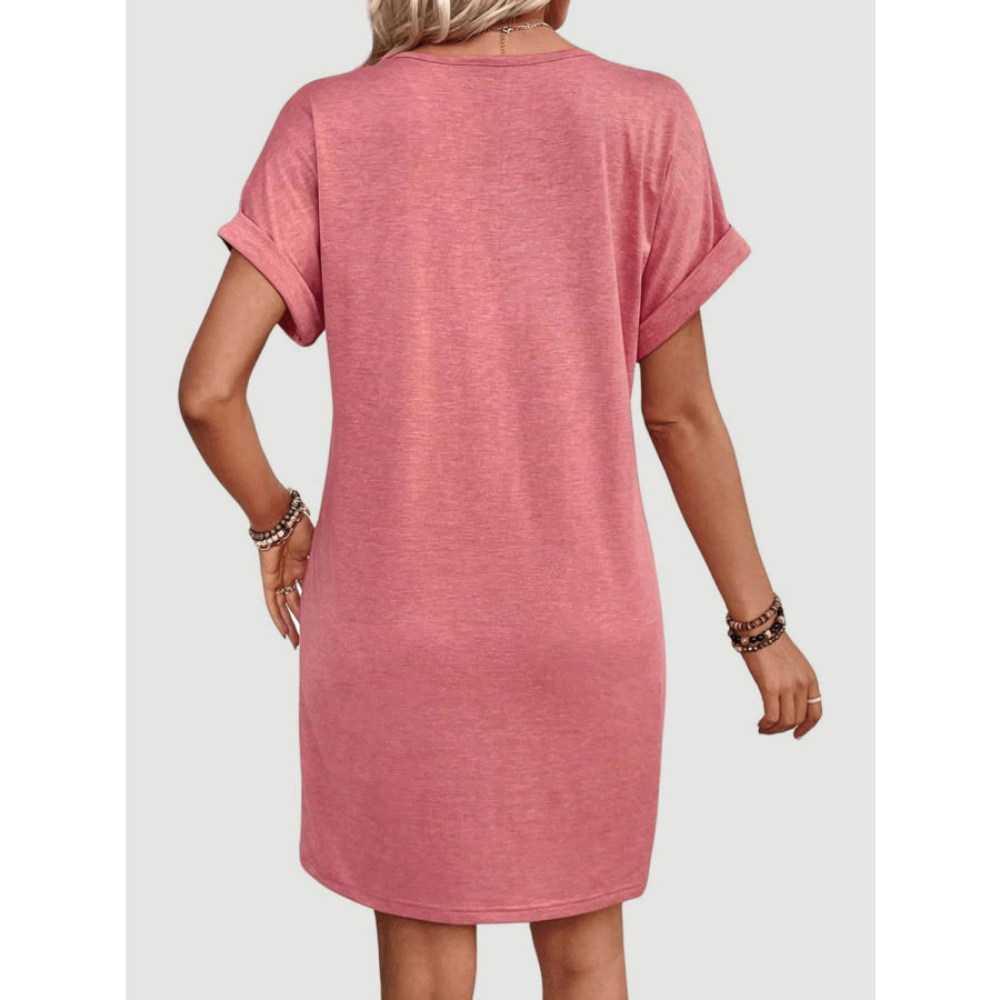 Quarter Button V-Neck Short Sleeve Dress Apparel and Accessories