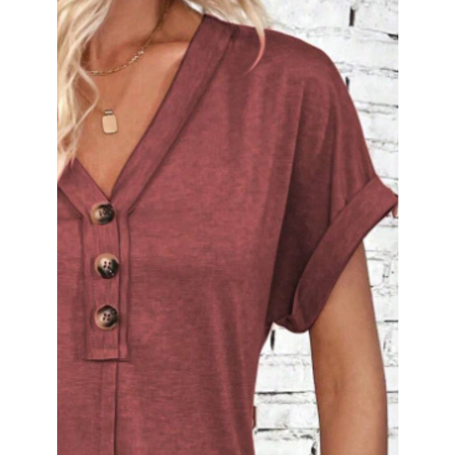 Quarter Button V-Neck Short Sleeve Dress Apparel and Accessories