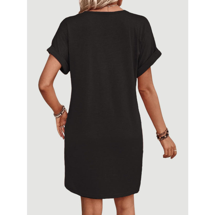 Quarter Button V-Neck Short Sleeve Dress Apparel and Accessories