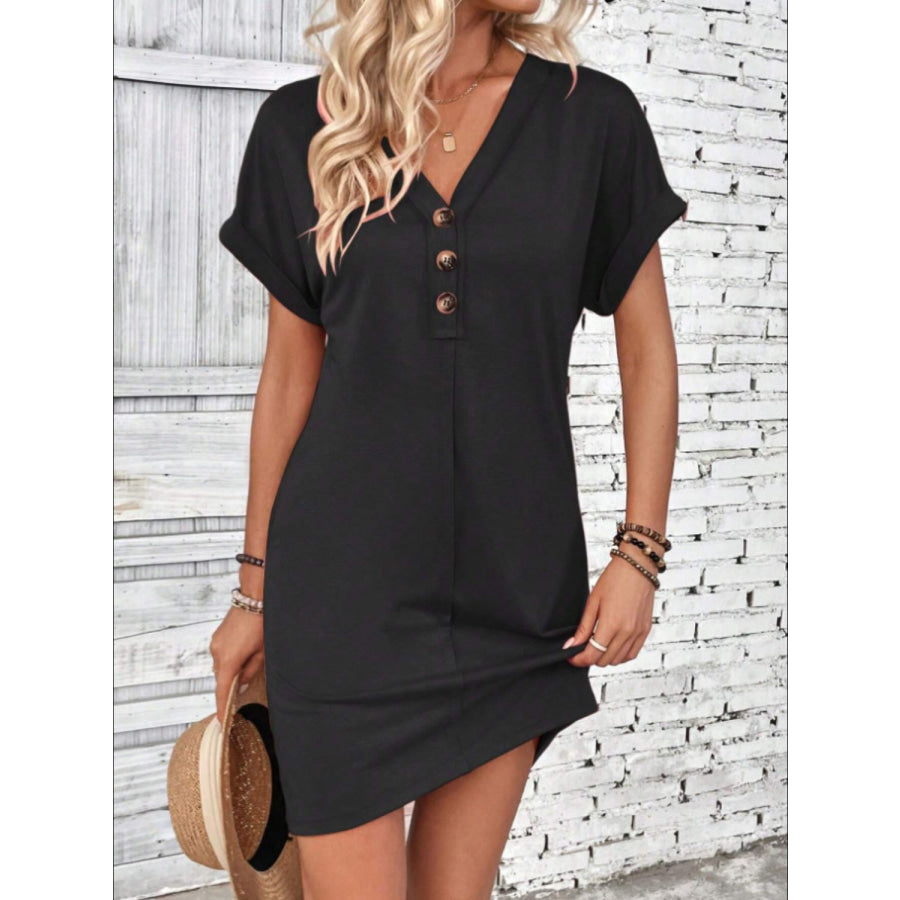 Quarter Button V-Neck Short Sleeve Dress Black / S Apparel and Accessories