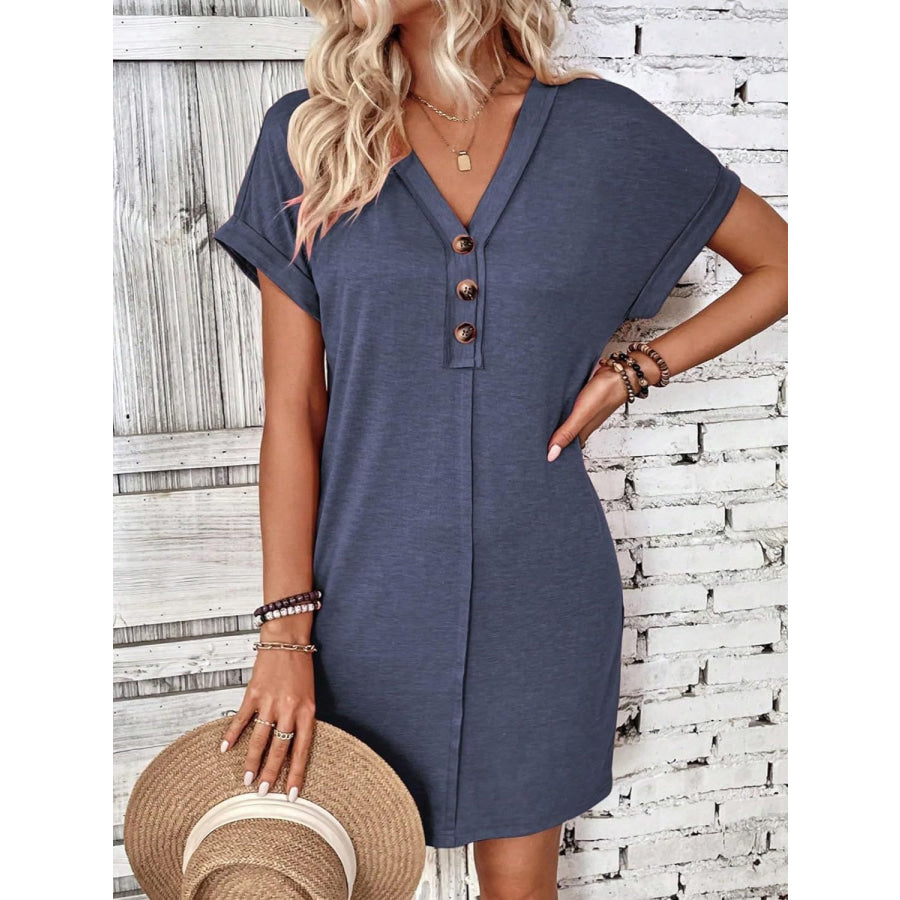 Quarter Button V-Neck Short Sleeve Dress Dark Blue / S Apparel and Accessories