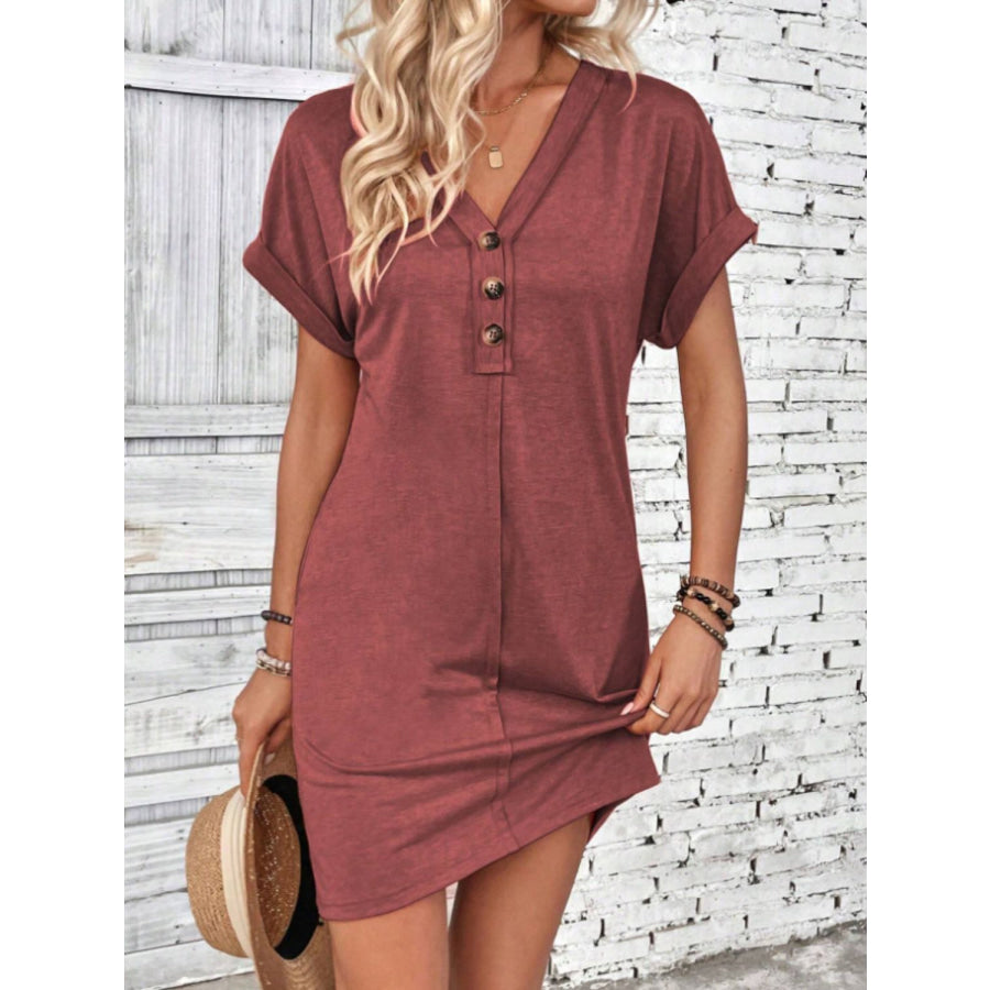 Quarter Button V-Neck Short Sleeve Dress Rust / S Apparel and Accessories