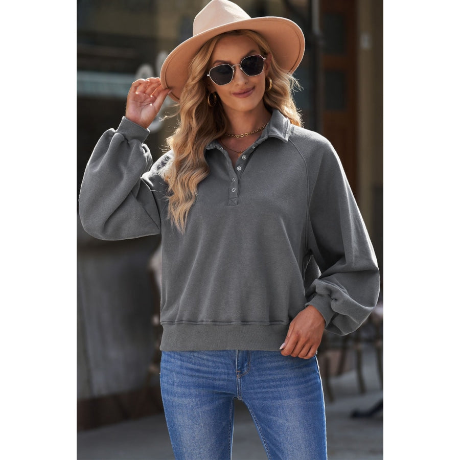 Quarter-Snap Collared Lantern Sleeve Sweatshirt Dark Gray / S