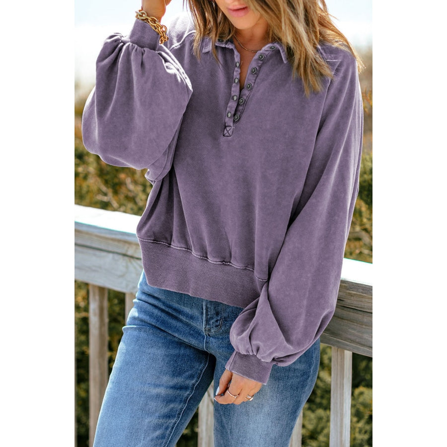 Quarter-Snap Collared Lantern Sleeve Sweatshirt Dusty Purple / S