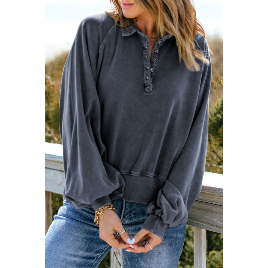 Quarter-Snap Collared Lantern Sleeve Sweatshirt