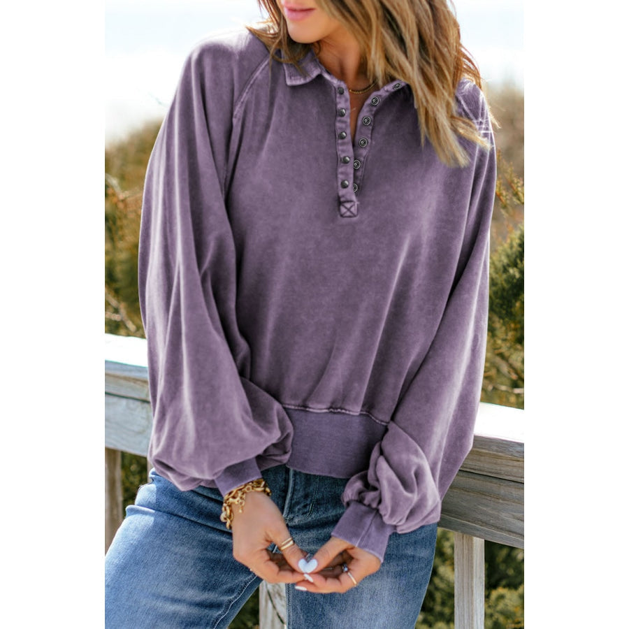 Quarter-Snap Collared Lantern Sleeve Sweatshirt