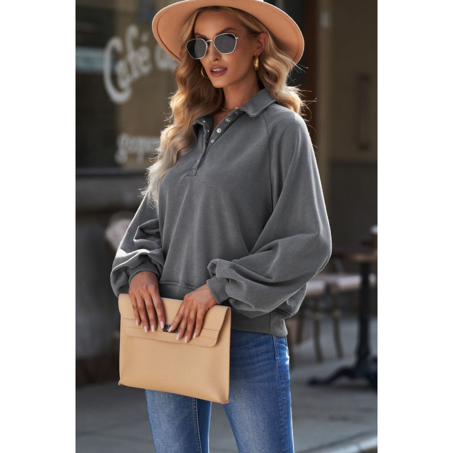 Quarter-Snap Collared Lantern Sleeve Sweatshirt