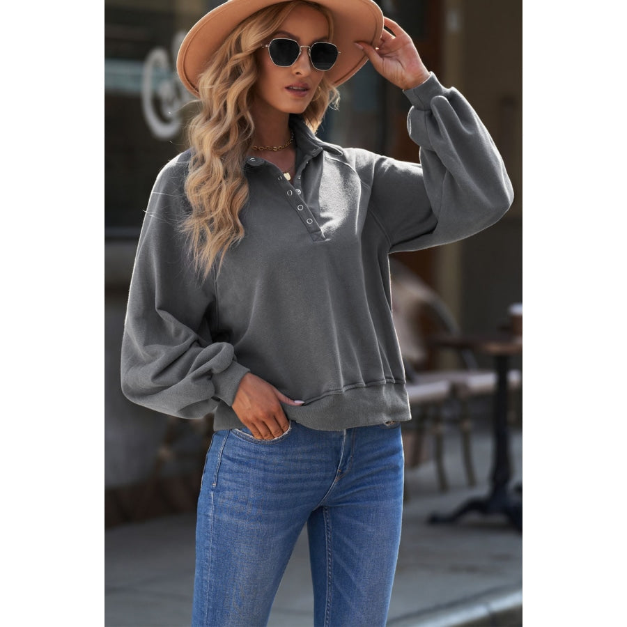 Quarter-Snap Collared Lantern Sleeve Sweatshirt