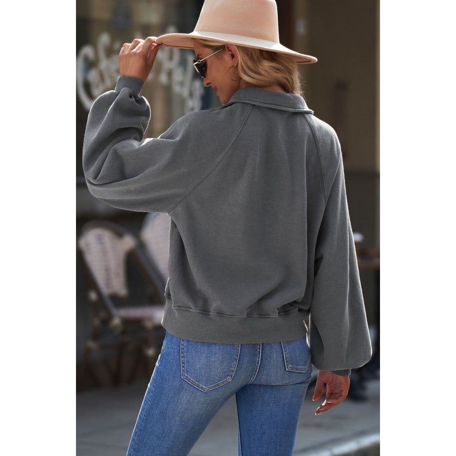 Quarter-Snap Collared Lantern Sleeve Sweatshirt