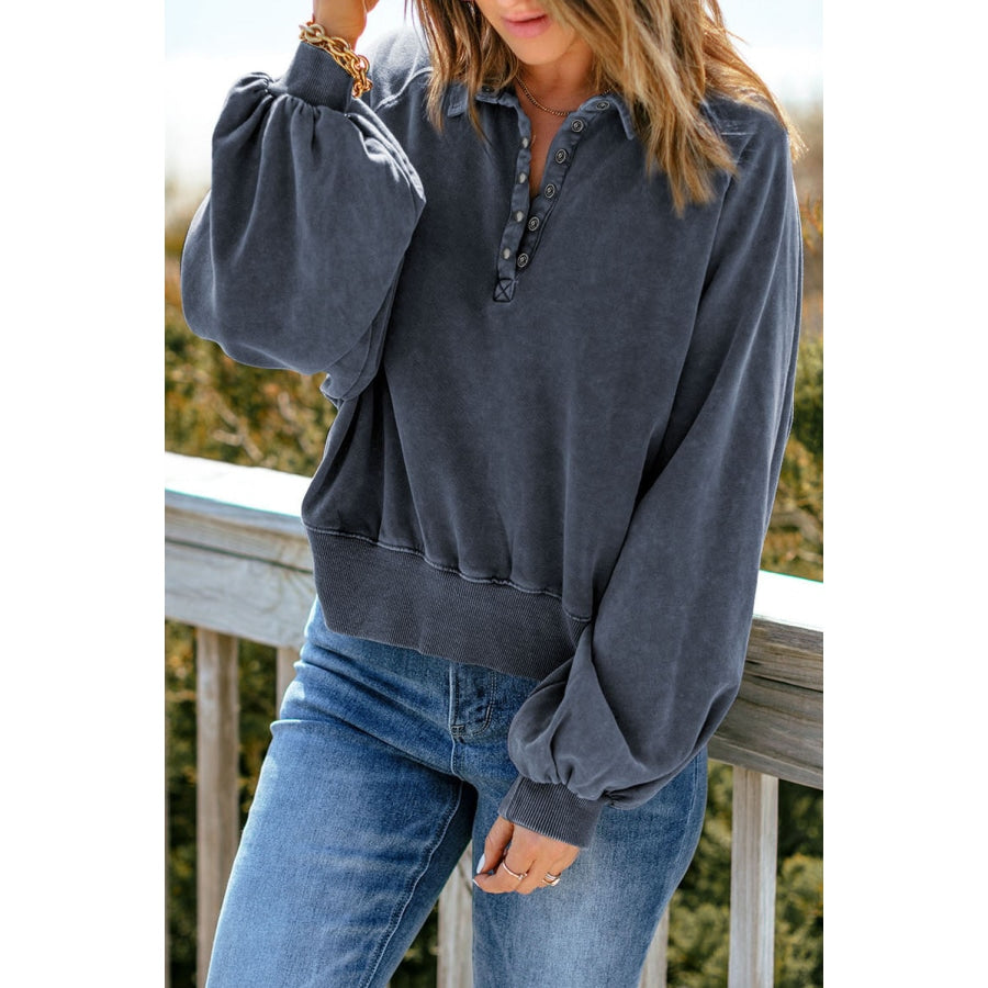 Quarter-Snap Collared Lantern Sleeve Sweatshirt