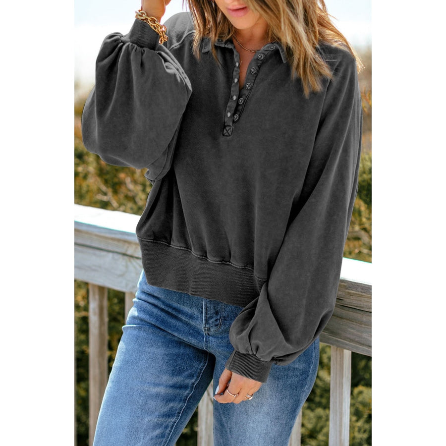 Quarter-Snap Collared Lantern Sleeve Sweatshirt