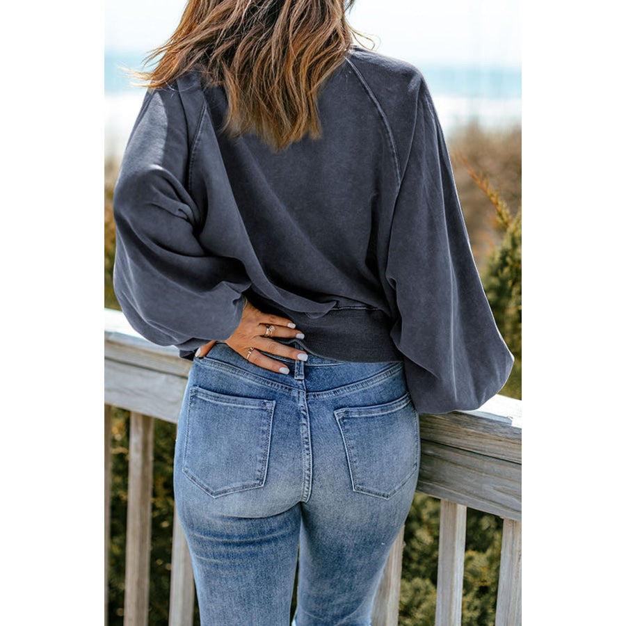 Quarter-Snap Collared Lantern Sleeve Sweatshirt