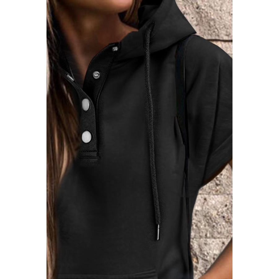 Quarter Snap Drawstring Short Sleeve Hoodie Black / S Apparel and Accessories