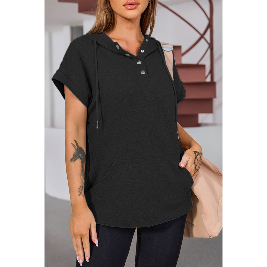 Quarter Snap Drawstring Short Sleeve Hoodie Black / S Apparel and Accessories