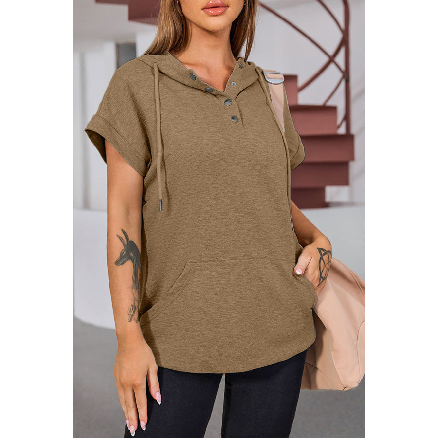 Quarter Snap Drawstring Short Sleeve Hoodie Camel / S Apparel and Accessories