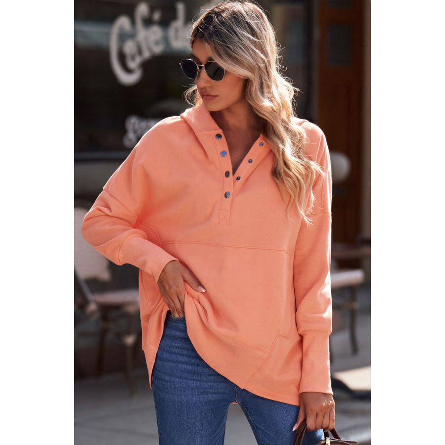 Quarter-Snap Dropped Shoulder Hoodie Red Orange / S