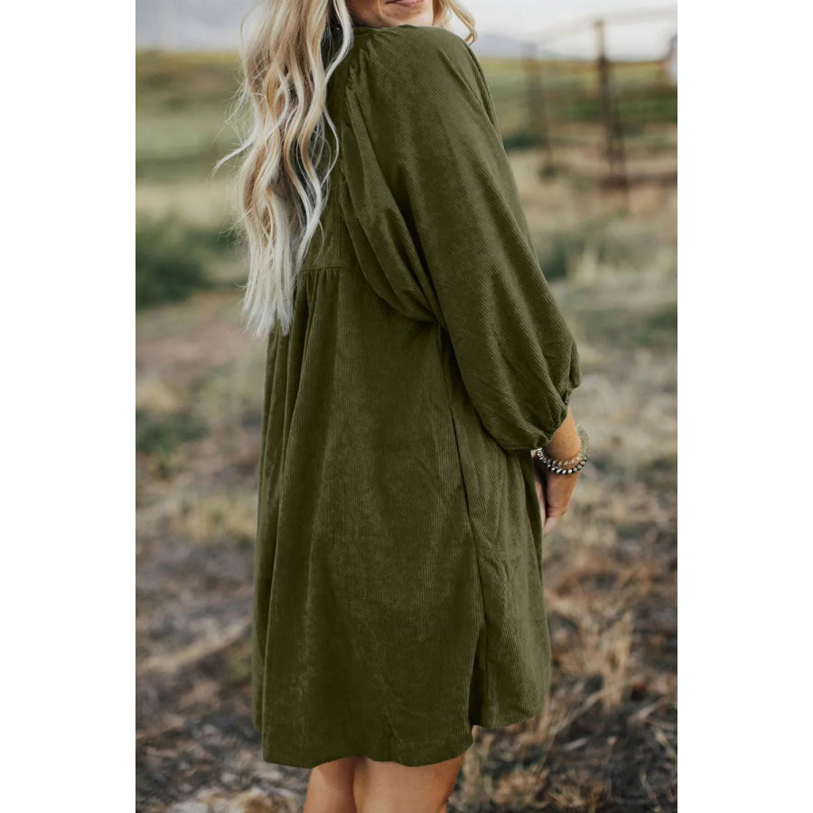 Quarter Snap Three-Quarter Sleeve Dress with Pockets Apparel and Accessories