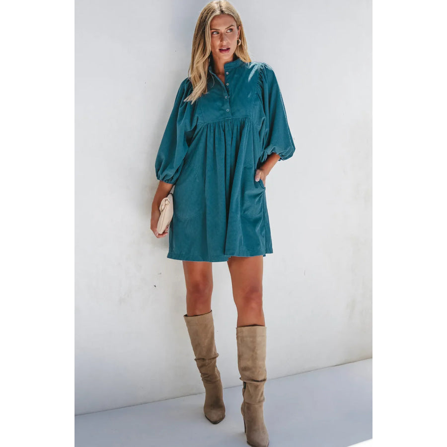 Quarter Snap Three-Quarter Sleeve Dress with Pockets Apparel and Accessories