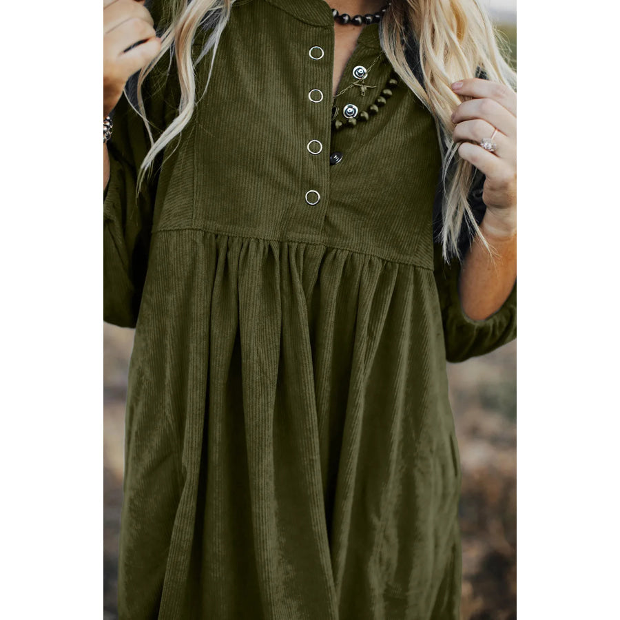 Quarter Snap Three-Quarter Sleeve Dress with Pockets Apparel and Accessories