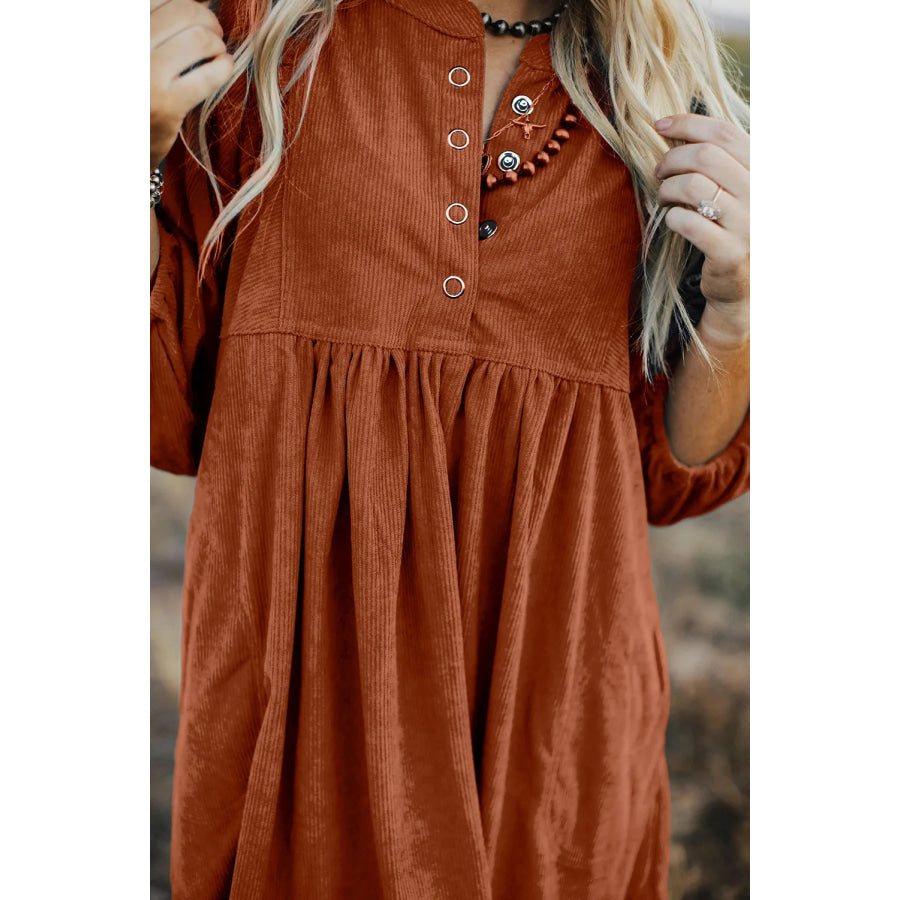 Quarter Snap Three-Quarter Sleeve Dress with Pockets Apparel and Accessories