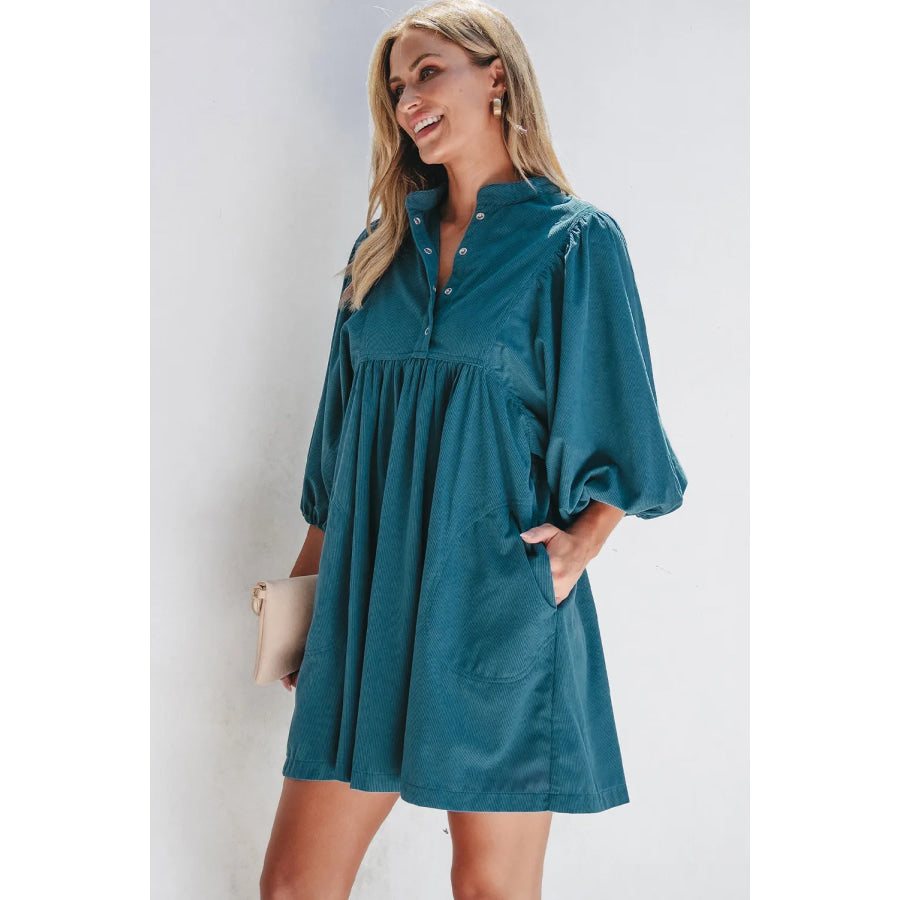 Quarter Snap Three-Quarter Sleeve Dress with Pockets Apparel and Accessories