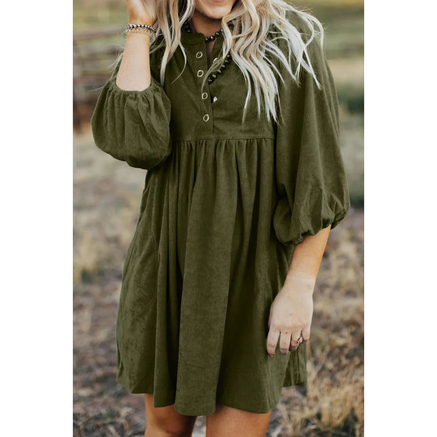 Quarter Snap Three-Quarter Sleeve Dress with Pockets Army Green / S Apparel and Accessories