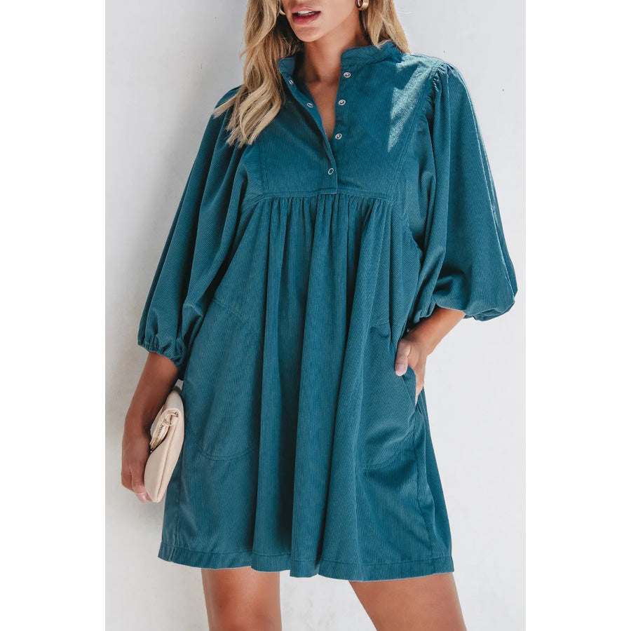 Quarter Snap Three-Quarter Sleeve Dress with Pockets Cerulean / S Apparel and Accessories