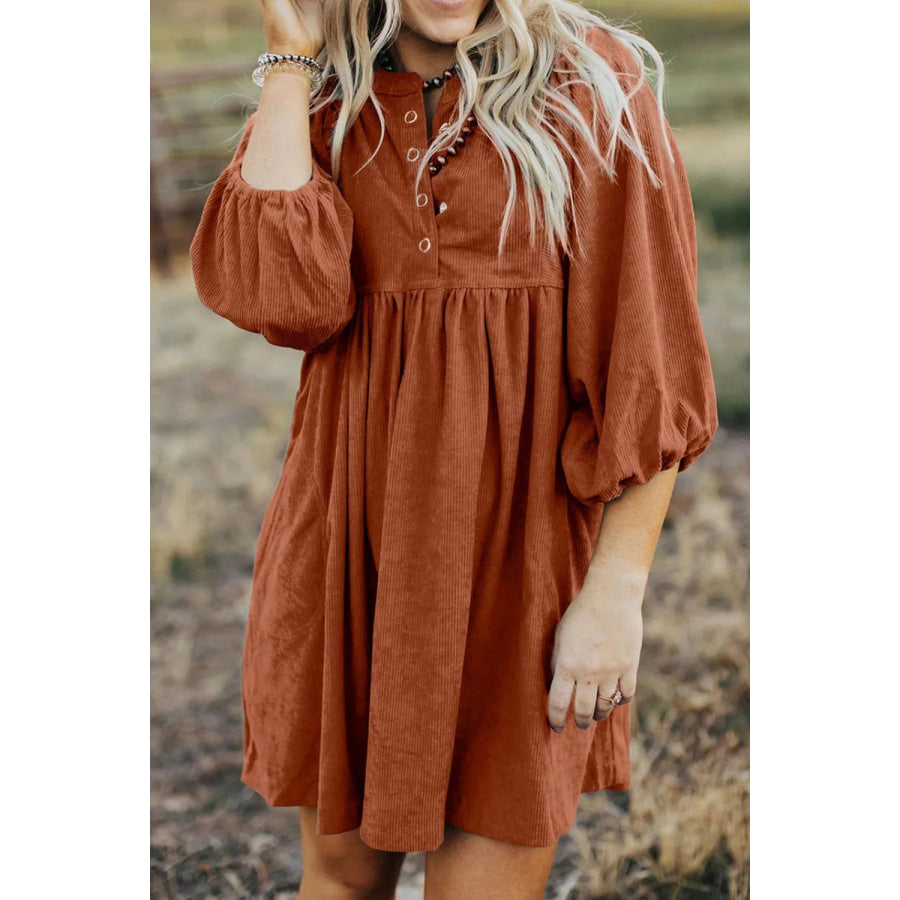 Quarter Snap Three-Quarter Sleeve Dress with Pockets Terracotta / S Apparel and Accessories