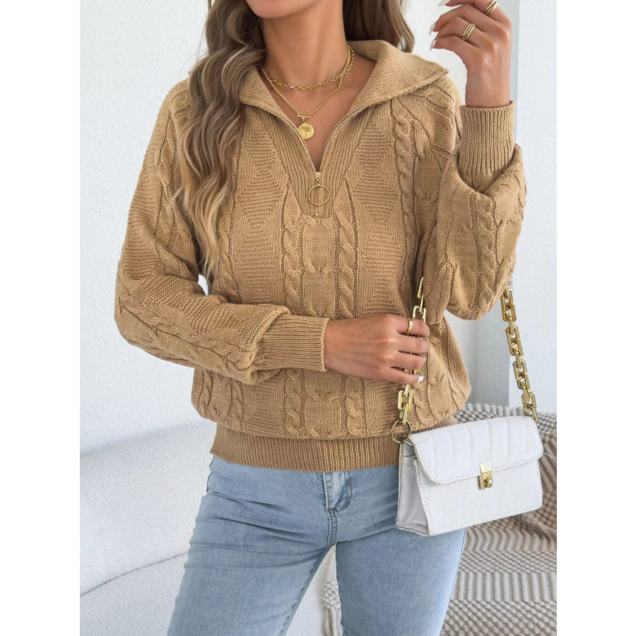Quarter-Zip Cable Knit Sweater Khaki / S Apparel and Accessories