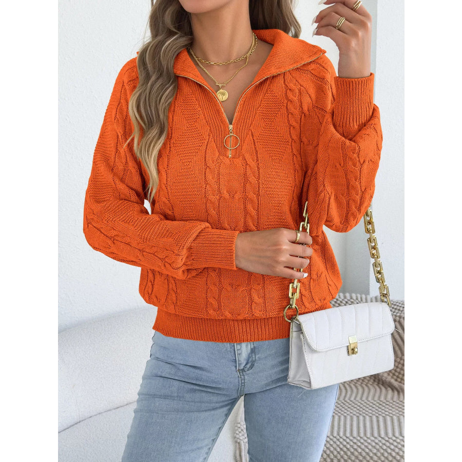 Quarter-Zip Cable Knit Sweater Orange / S Apparel and Accessories