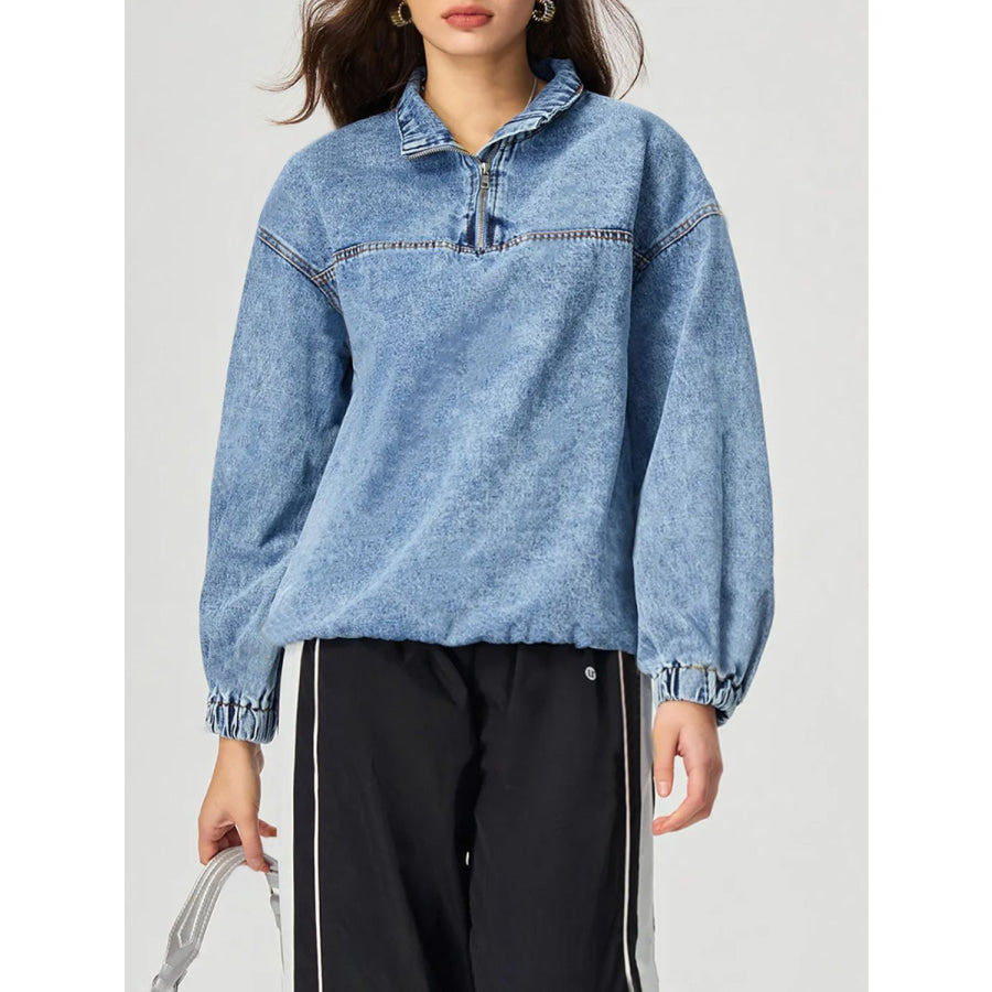 Quarter Zip Collared Neck Denim Top Apparel and Accessories