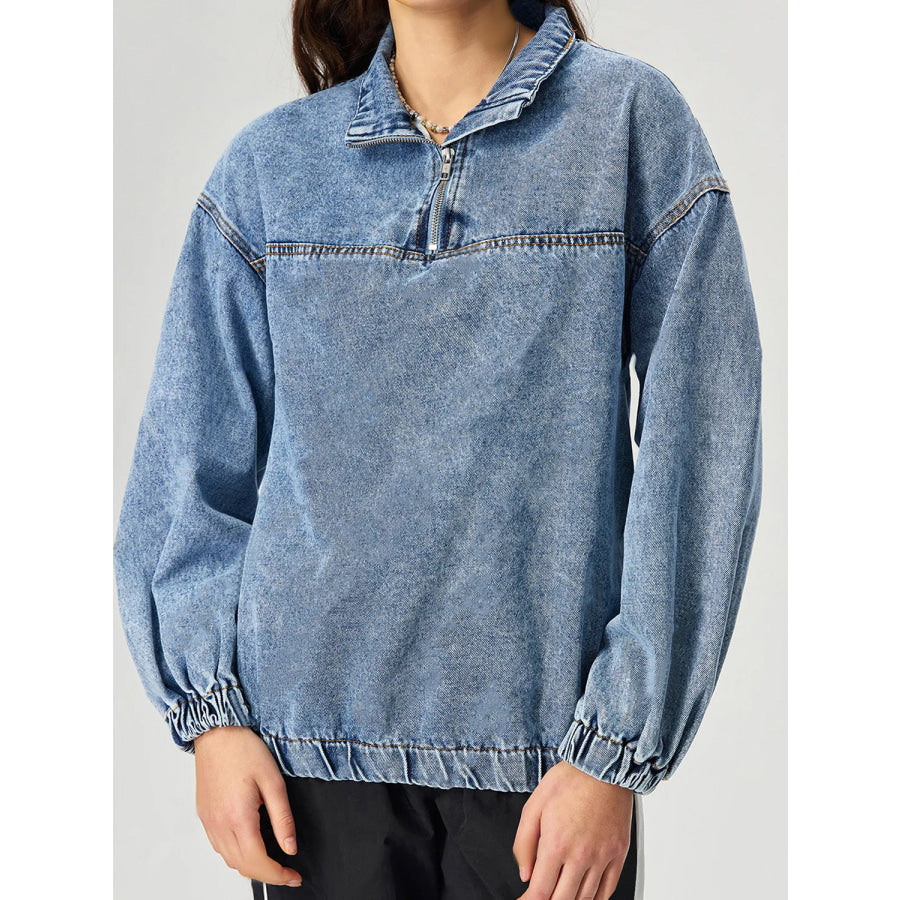 Quarter Zip Collared Neck Denim Top Apparel and Accessories