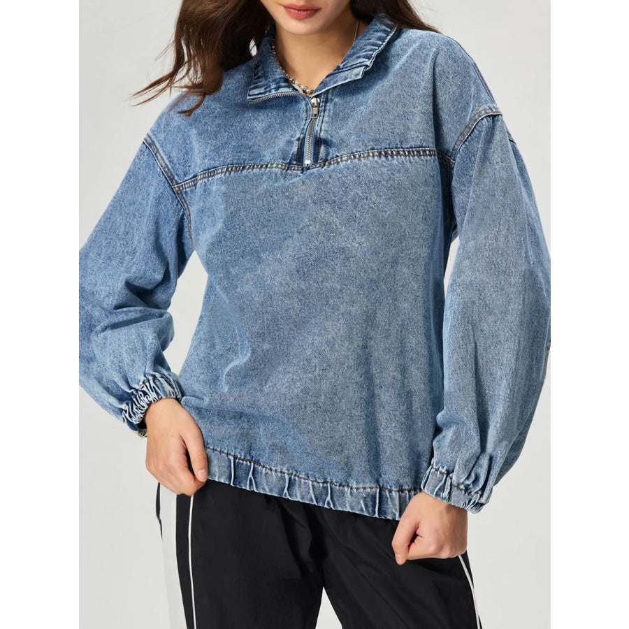 Quarter Zip Collared Neck Denim Top Apparel and Accessories