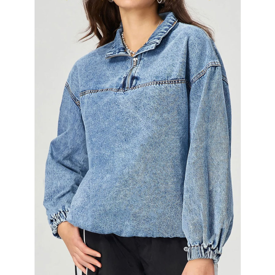 Quarter Zip Collared Neck Denim Top Medium / S Apparel and Accessories