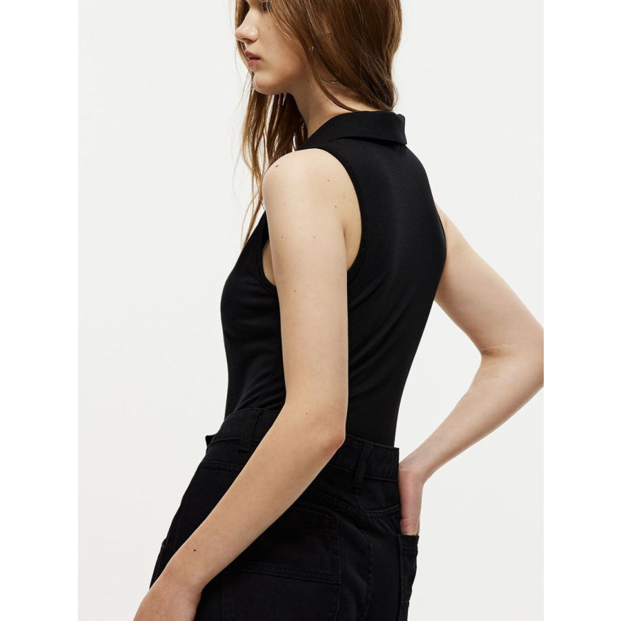 Quarter Zip Collared Neck Sleeveless Bodysuit Apparel and Accessories