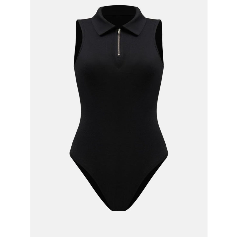 Quarter Zip Collared Neck Sleeveless Bodysuit Apparel and Accessories