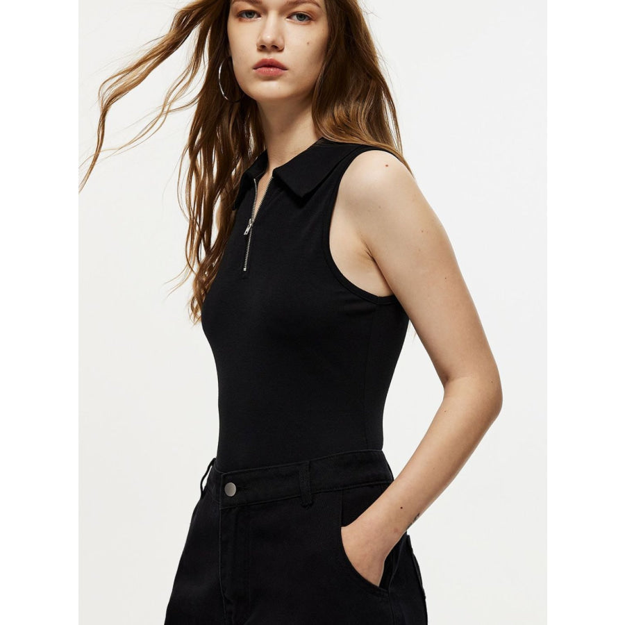 Quarter Zip Collared Neck Sleeveless Bodysuit Apparel and Accessories