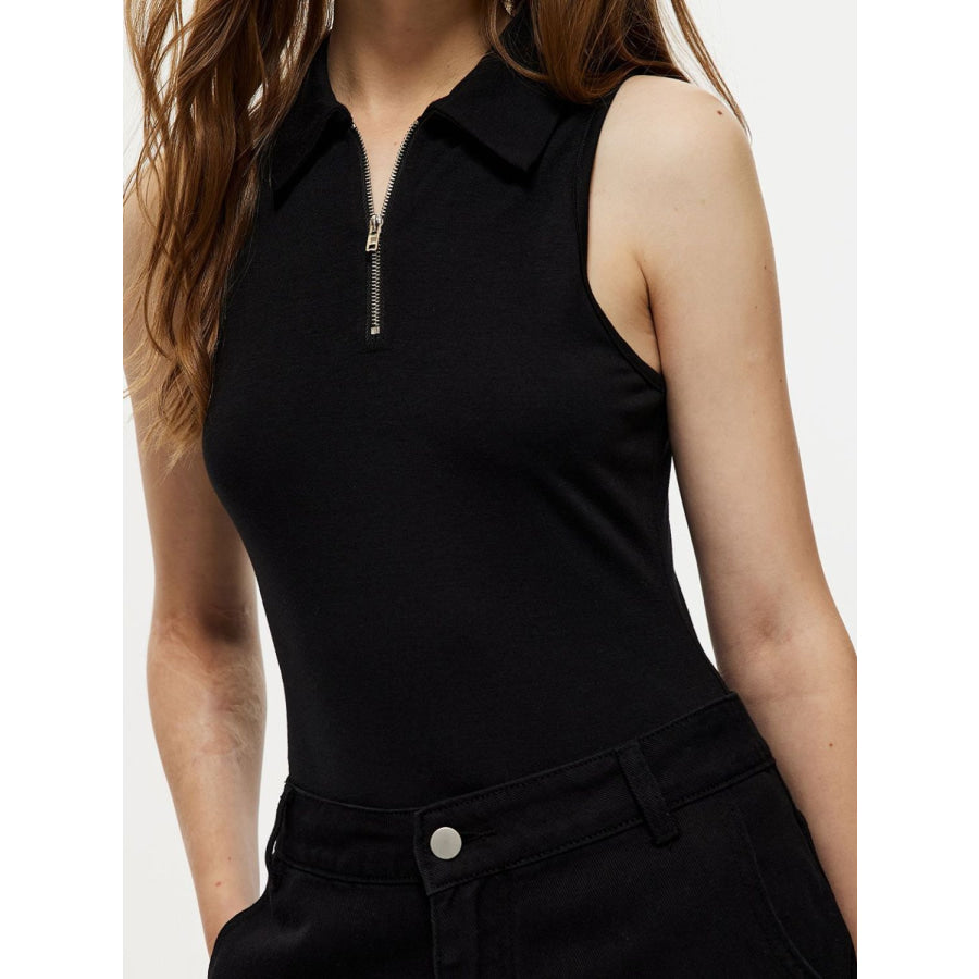 Quarter Zip Collared Neck Sleeveless Bodysuit Black / XS Apparel and Accessories