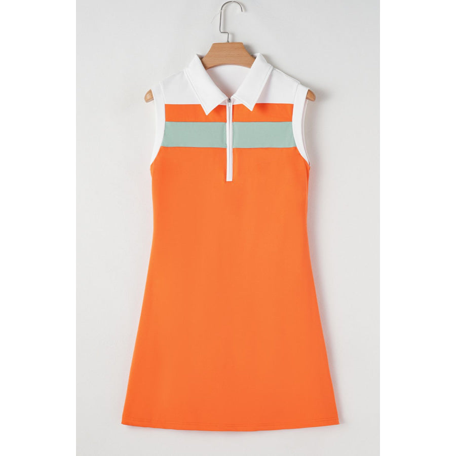 Quarter Zip Collared Neck Sleeveless Mini Dress Apparel and Accessories