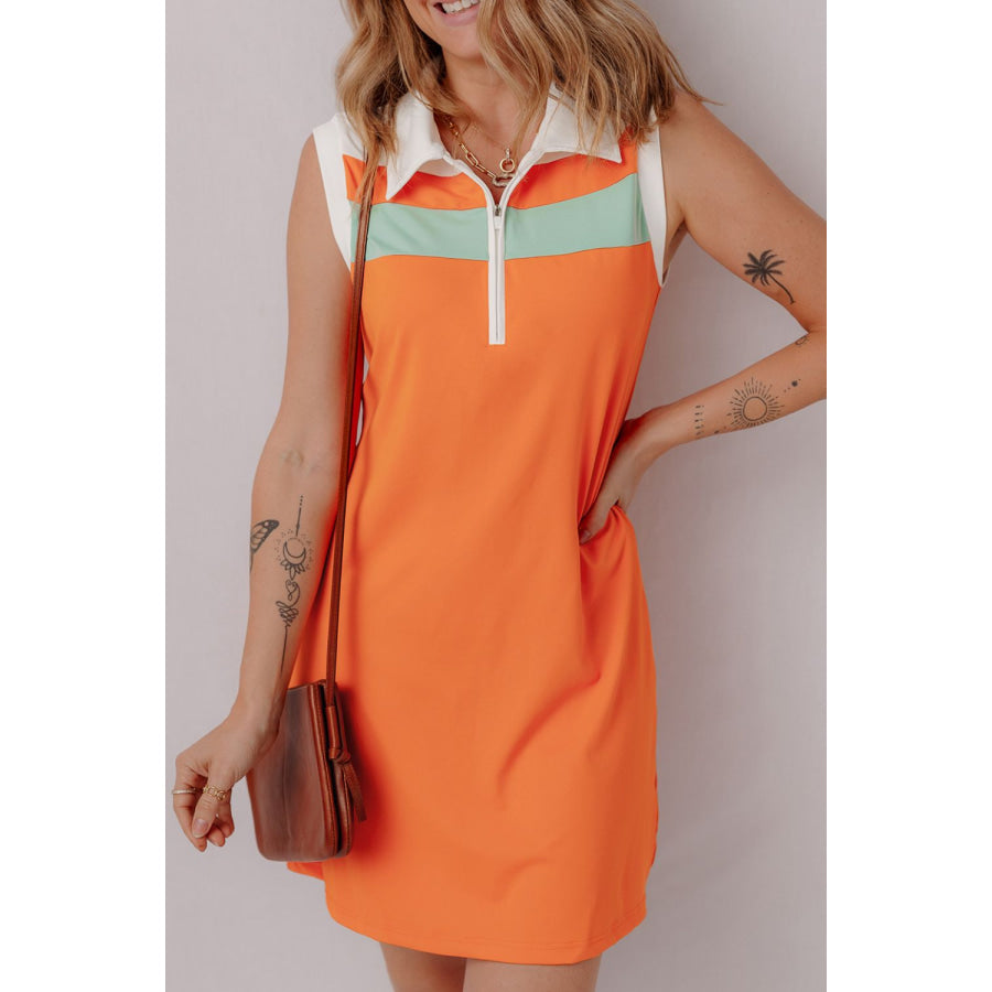 Quarter Zip Collared Neck Sleeveless Mini Dress Tangerine / S Apparel and Accessories