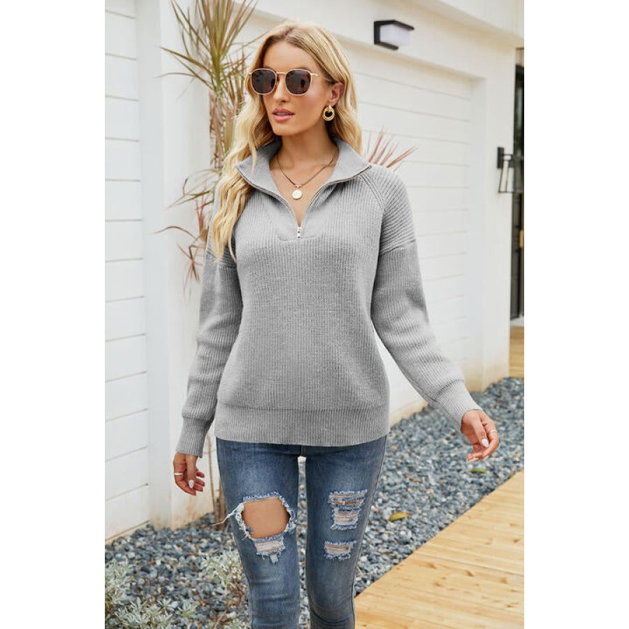 Quarter-Zip Collared Neck Sweater Light Gray / S