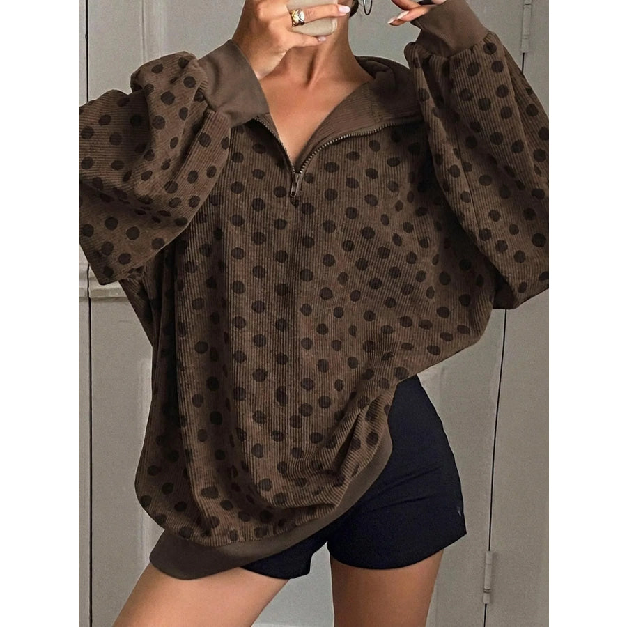 Quarter-Zip Corduroy Sweatshirt Brown-Polka Dot / S Apparel and Accessories