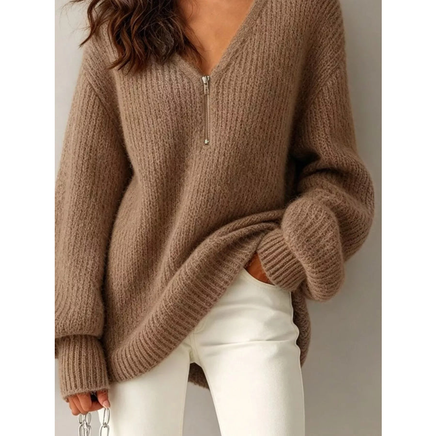 Quarter Zip Dropped Shoulder Sweater Apparel and Accessories