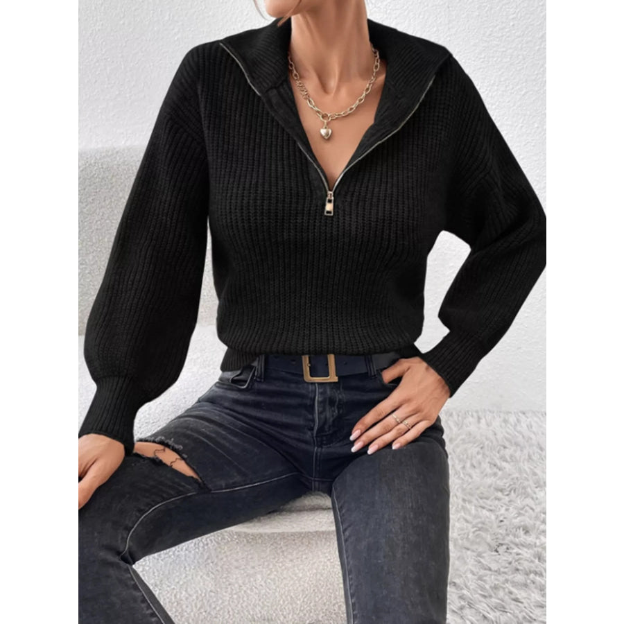 Quarter-Zip Dropped Shoulder Sweater Black / S Apparel and Accessories